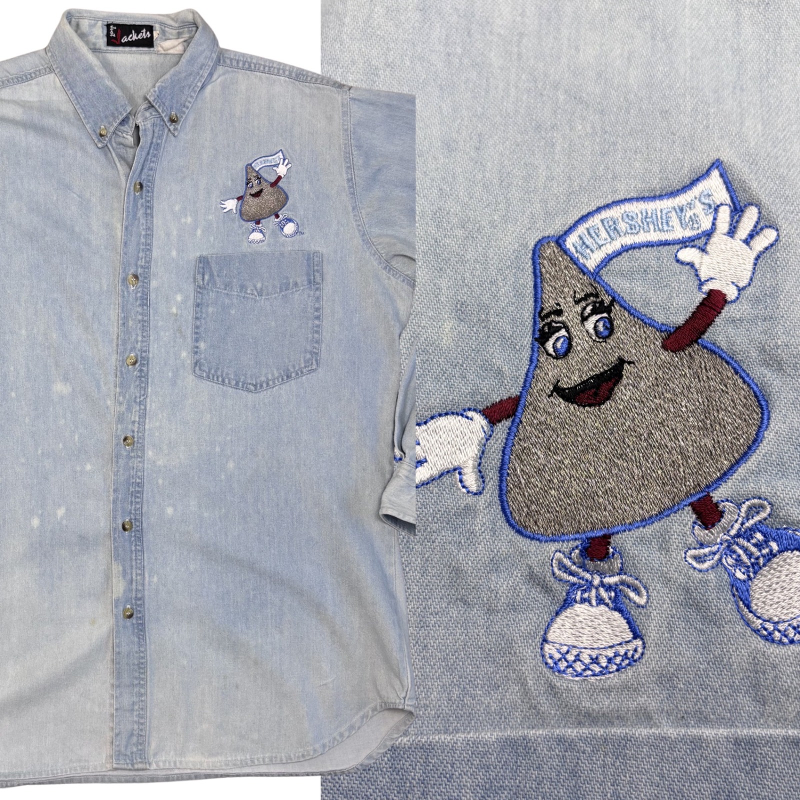 Vtg 1995 Hersheys Kisses Denim Shirt, Light Wash. Silver Embroidery, Mens Large